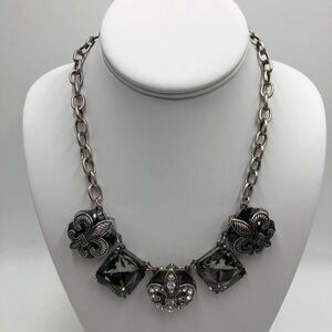 Vintage VCLM Women's Statement Necklace Fleur De Lys Rhinestones Silvertone